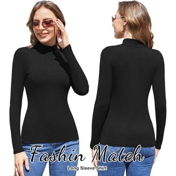5 Pack Womens Long Sleeve Tops Mock Turtleneck Basic T Shirt Fall Stretch Tight - Picture 2 of 6